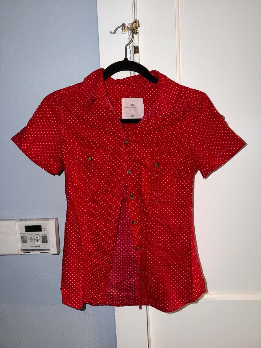 H&M L.O.G.G. Red Polka Dot Short Sleeve Button Down Shirt Size 4